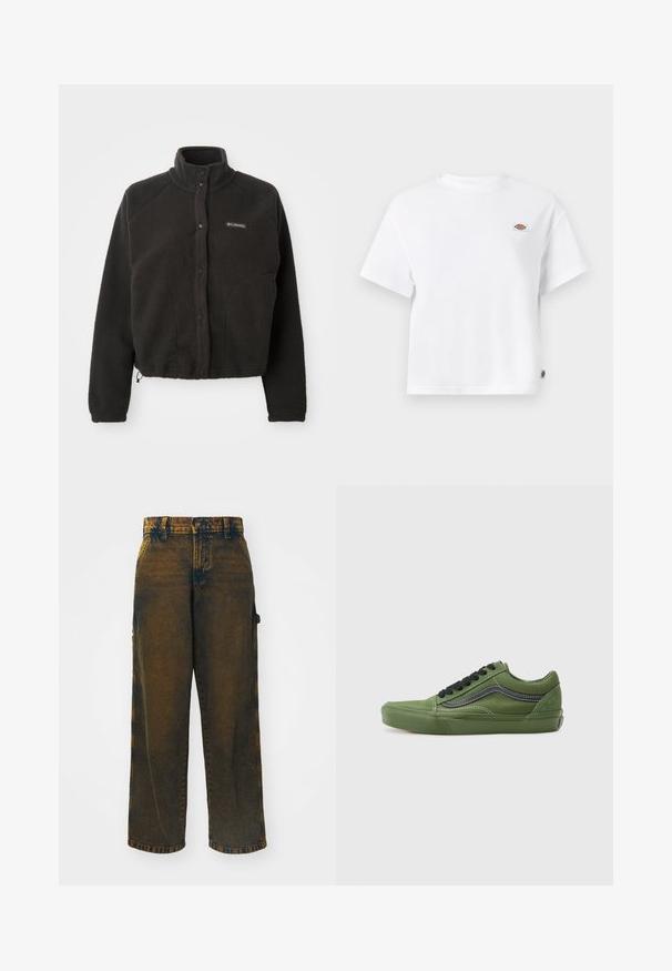 Svart fleecejakke med høy krage, trykknapper og teksturert stoff. Har raglanermer og justerbar hem for en tettsittende passform.; Hvit bomull T-skjorte med avslappet passform, med et lite logo-merke på brystet og et merke på siden for ekstra detaljer.; Videbukser laget av denim, med en falmet mørkebrun farge og lysere detaljer, klassisk fem-lommers design og knappelukking.; Grønne kanvas sko med sorte snørebånd og sideliste. Har en rund tå, gummisål og kontrasterende hvid syning. Klassisk sneakersdesign.
