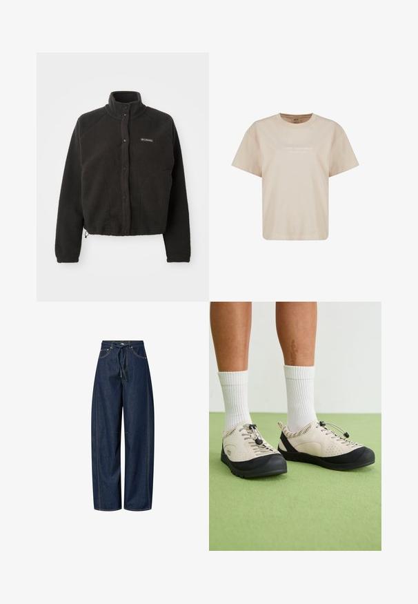 Veste en polaire noire avec un col haut, des boutons-pression et un tissu texturé. Elle dispose de manches raglan et d'un ourlet ajustable pour un ajustement confortable.; T-shirt en coton beige avec une coupe décontractée, manches courtes et col rond. Présente le texte blanc "Aim’n' Sportswear" à l'avant.; Pantalons en denim à jambes larges, de couleur bleu foncé, avec une taille à cordon de serrage, des coutures contrastantes et deux poches avant. Texture lisse, coupe décontractée.; Des chaussures beiges avec des accents noirs, des panneaux latéraux en maille et un système de laçage sécurisé à réglage rapide. Semelles en caoutchouc épaisses avec un motif de semelle. Portées avec des chaussettes blanches.