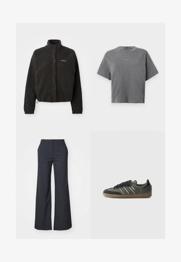 Veste en polaire noire avec un col haut, des boutons-pression et un tissu texturé. Elle dispose de manches raglan et d'un ourlet ajustable pour un ajustement confortable.; T-shirt cropped gris à manches courtes avec col rond et petit logo blanc "carhartt" centré à l'avant.; Weekday EMILY SUITING - Pantalon classique - dark grey melange; adidas Originals SAMBA OG - Baskets basses - core black/legend earth/gum