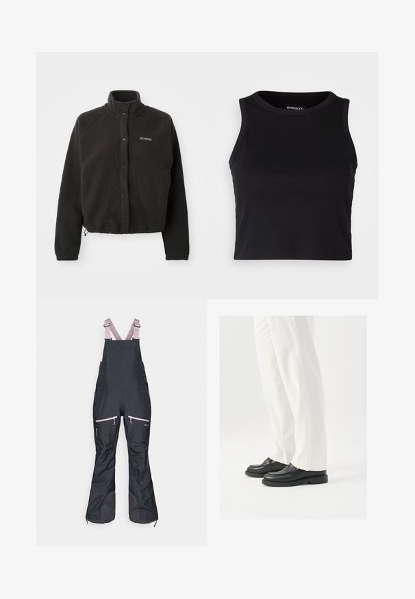 Black fleece jacket with a high collar, snap buttons, and textured fabric. Features raglan sleeves and an adjustable hem for a snug fit.; Black ribbed crop tank top with a round neckline and sleeveless design. Made from soft, stretchy fabric, featuring clean hemmed edges.; Black waterproof overalls with pink adjustable straps, featuring zippered pockets and reinforced lower sections for durability.; Black leather loafers with a smooth texture, stitch detailing, and a rounded toe, paired with white tailored pants.