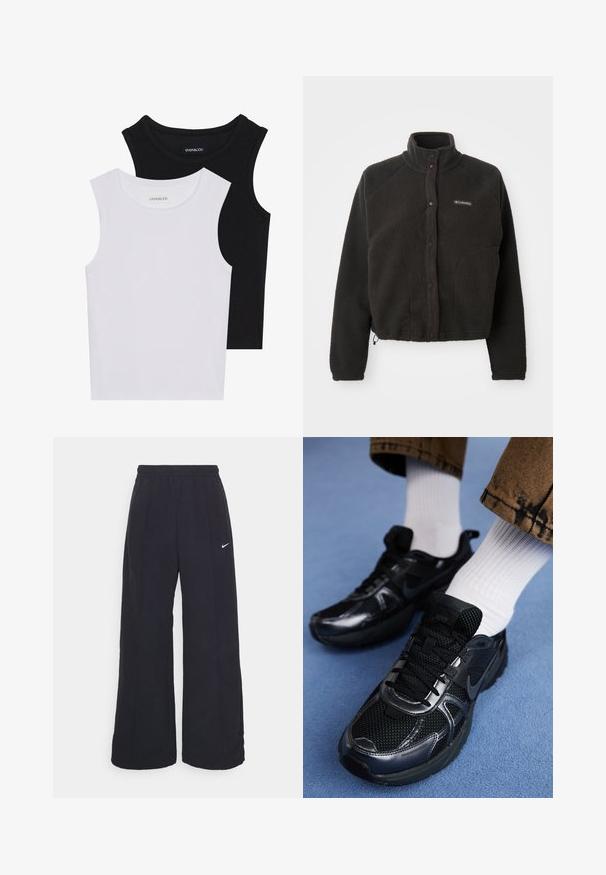 Črna flis jakna z visokim ovratnikom, pritisnimi gumbi in teksturirano tkanino. Ima raglan rokave in prilagodljiv spodnji del za udobno prileganje.; Dve brezrokavne majice v črni in beli barvi, izdelane iz rebrastega bombaža, z okroglimi izrezi in prilegajočim oblikovanjem. Oznake so vidne na obeh.; Črne široke hlače s elastiko v pasu in malim belim logotipom Nike. Tkanina ima gladko teksturo, zasnovano za udobje in sproščeno nošenje.; Črne športne čevlje Nike imajo mrežasto zgornji del s sijočimi akcenti, črne vezalke in teksturiran podplat. Ujemajo se z belimi rebrastimi nogavicami.