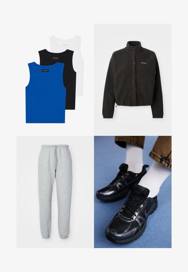 Črna flis jakna z visokim ovratnikom, pritisnimi gumbi in teksturirano tkanino. Ima raglan rokave in prilagodljiv spodnji del za udobno prileganje.; Tri majice bez rukavov v modri, črni in beli barvi. Tkanina je rebrasta z okroglo ovratnikom. Vsaka majica ima oznako "even&odd."; Sive hlače za prosti čas, izdelane iz mehke, teksturirane tkanine. Imajo elastičen pas z vrvico, zožene gležnje in brez vidnih vzorcev ali logotipov.; Črni Nike supergi z mrežasto in sintetično, teksturirano zgornjo plastjo, črnimi vezalkami in trpežnimi gumijastimi podplati. Vidne bele rebraste nogavice.