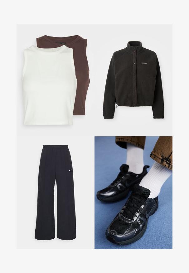 Musta fleece-takki, jossa on korkea kaulus, tarranapit ja tekstuuri. Ominaisuuksiin kuuluvat raglan-hihat ja säädettävä helmavarsi mukautuvan istuvuuden takaamiseksi.; Kaksi ribattyä, hihattomaa toppia valkoisena ja tummanruskeana. Molemmissa on korkea kaula-aukko ja pehmeä, joustava materiaali, joka sopii erinomaisesti kerroksittain käyttöön.; Mustat leveät housut, joissa on joustava vyötärönauha ja pieni valkoinen Nike-logo. Kangas on sileä, suunniteltu mukavuutta ja rentoa käyttöä varten.; Musta Nike-urheilukengät, joissa on verkkopintaa kiiltävillä yksityiskohdilla, mustat nauhat ja teksturoitu pohja. Yhdistetty valkoisiin ribbipolkimiin.