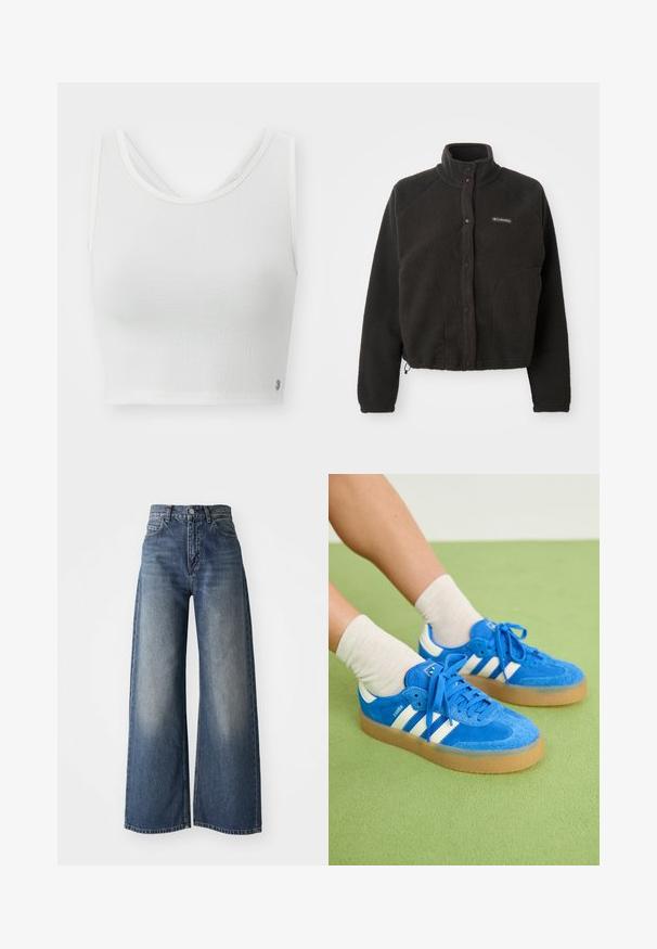 Giacca in fleece nera con collo alto, bottoni automatici e tessuto testurizzato. Presenta maniche raglan e un orlo regolabile per una vestibilità aderente.; Top corto bianco in tessuto texturizzato, colletto a barchetta e design a strati sul retro con un piccolo logo laterale.; Jeans ampi a vita alta blu con bottone frontale e tasche, texture sbiadita sulle cosce e orlo dritto.; Sneakers scamosciati blu con strisce bianche, suola in gomma, punta rotonda e lacci in tessuto. Abbinati a calzini color crema su una superficie verde.