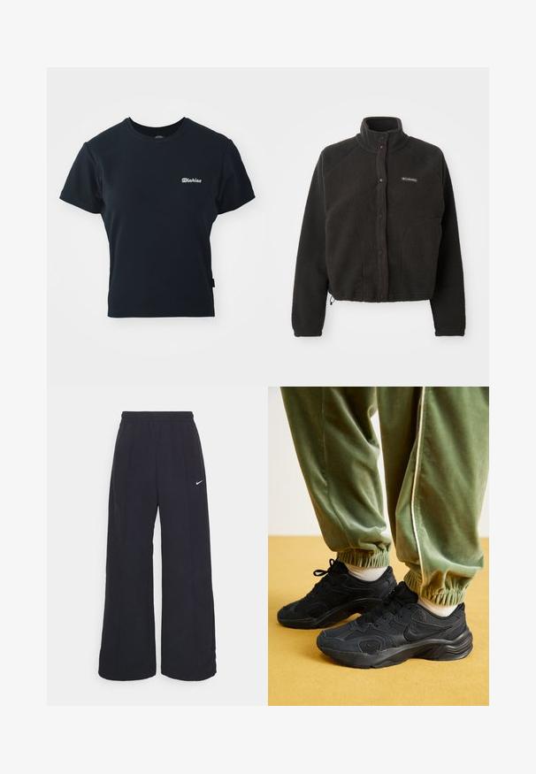 Jachetă din fleece neagră cu guler înalt, nasturi cu capsenă și material texturat. Prezintă mâneci raglan și un tiv ajustabil pentru o potrivire confortabilă.; Tricou negru din bumbac cu mâneci scurte, decolteu tip crew și un mic logo brodat alb pe piept. Design clasic, ajustat.; Pantaloni negri, cu pantaloni largi, cu un brâu elastic și un mic logo alb Nike. Materialul are o textură netedă, conceput pentru confort și purtare casual.; Adidași atletici negri cu plasă și suprapunerile sintetice, talpă texturată, asociați cu pantaloni de trening verzi, cu manșete elastice, pe o suprafață galbenă.