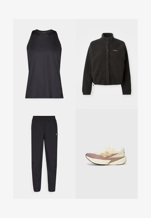 Polar fleece preto com gola alta, botões de pressão e tecido texturizado. Apresenta mangas raglan e uma bainha ajustável para um ajuste confortável.; Camisola atlética sem mangas preta feita de um tecido leve e suave. Apresenta um decote redondo e costuras planas para maior conforto.; Calças desportivas pretas com um cós elástico, pernas ajustadas com punhos, feitas de um material leve e suave, e um pequeno logotipo na coxa.; Shoe de corrida com parte superior creme, detalhes em rosa e elementos cinzentos. Apresenta uma sola grossa com uma superfície texturizada e um logótipo proeminente.