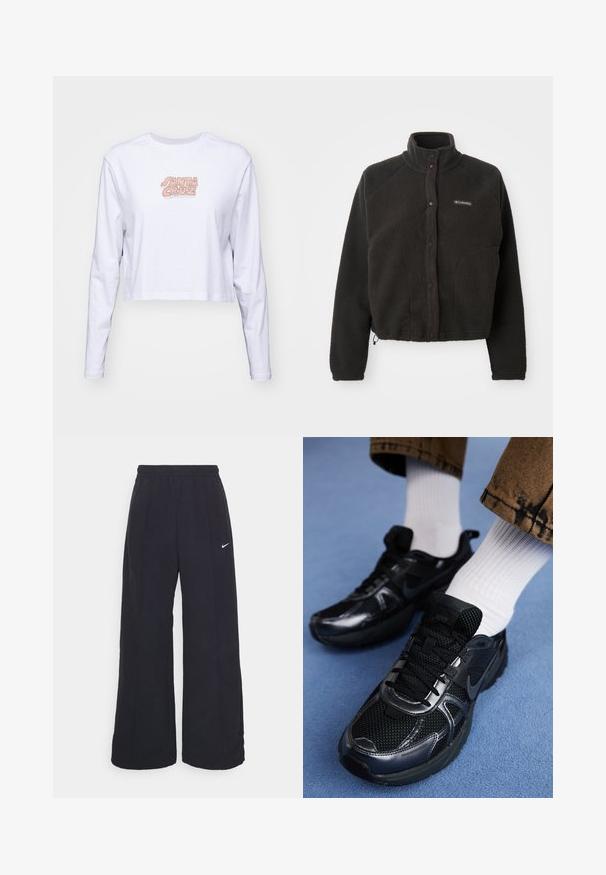 Czarna polarowa kurtka z wysokim kołnierzem, zatrzaskami i teksturowanym materiałem. Posiada rękawy raglanowe oraz regulowany dół, zapewniający dopasowanie.; Biała, krótka koszulka z długim rękawem, wykonana z bawełny, z wielokolorowym logo "SANTA CRUZ" nadrukowanym na piersi.; Czarne spodnie typu wide-leg z elastycznym pasem i małym białym logo Nike. Materiał ma gładką teksturę, zaprojektowany z myślą o komforcie i codziennym noszeniu.; Czarne trampki Nike z siateczkowym i syntetycznym materiałem, z teksturowaną cholewką, czarnymi sznurowadłami oraz trwałą gumową podeszwą. Widoczne białe skarpetki z prążkowanego materiału.