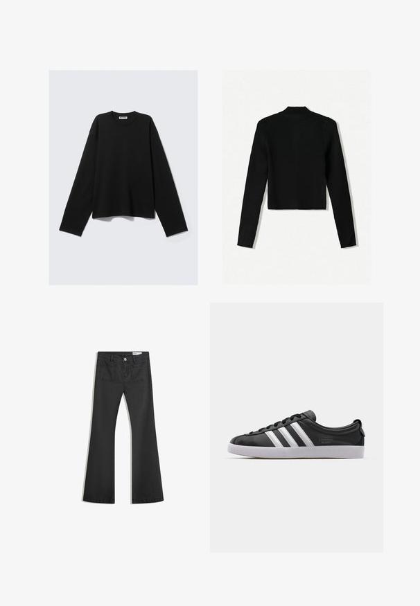 Bershka Vest - black; Zwarte longsleeve top van zachte stof, met een ronde halslijn, een relaxte pasvorm en een minimalistisch design zonder zichtbare patronen of accenten.; Zwarte flared jeans van denim met een gladde textuur, voorzien van twee achterzakken en een knoopsluiting bij de taille.; Zwarte lederen sneaker met een witte drie-strepen ontwerp, ronde neus, platte witte rubberen zool en merkdetail aan de zijkant.
