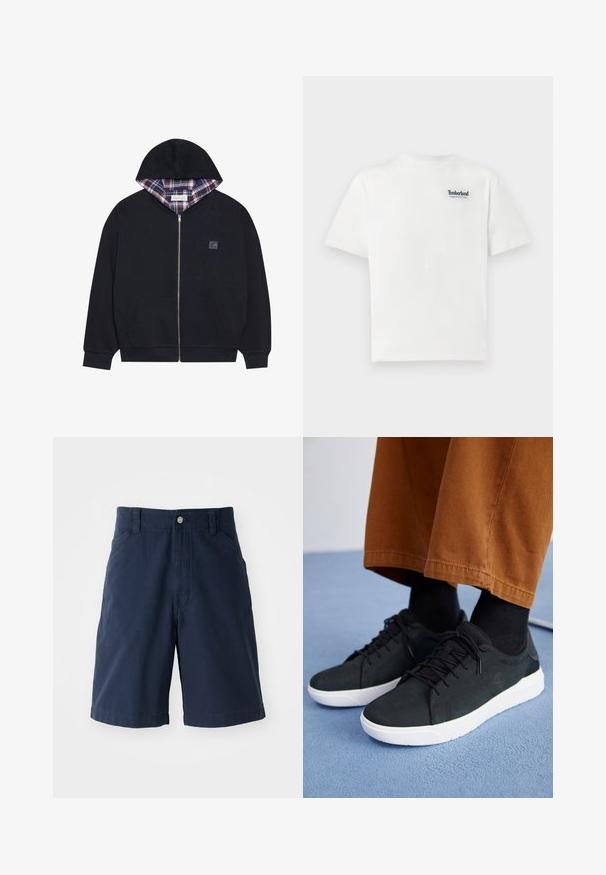 Black zip-up hoodie with a plaid lined hood, featuring two front pockets and a small logo on the chest. Soft fabric and ribbed cuffs.; White cotton t-shirt featuring a blue embroidered "Timberland Rugged Active Gear" logo on the upper left chest. Short sleeves and round neck.; Navy blue cotton shorts with a flat front, two side pockets, and a single button closure at the waist. Classic straight leg design.; Black suede sneakers with white rubber soles, featuring lace-up design, textured accents, and subtle branding, paired with brown pants.