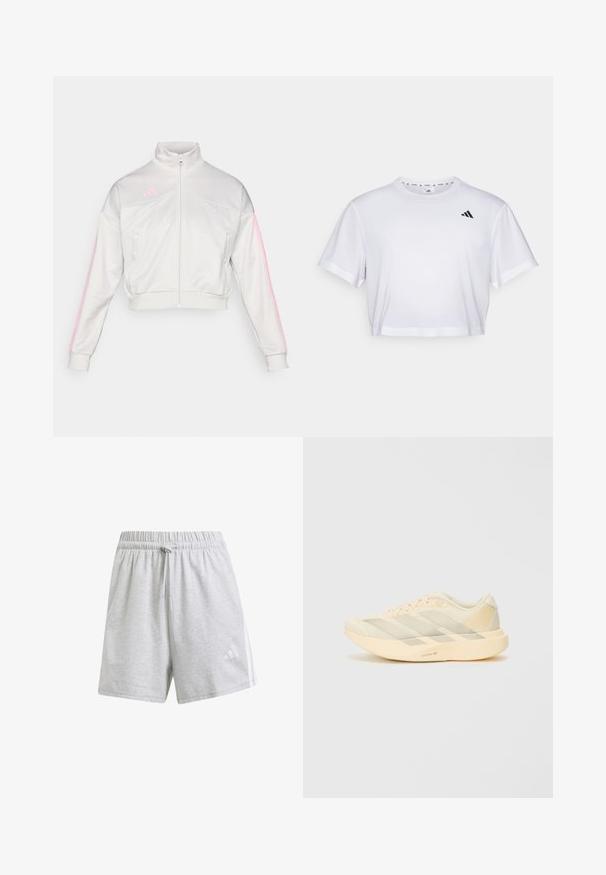adidas Sportswear TIRO - Felpa con zip - grey one/true pink; T-shirt bianco cropped realizzato in tessuto morbido, con maniche corte e scollo rotondo. Logo nero sul lato sinistro del petto.; Pantaloni sportivi grigi realizzati in un tessuto morbido, con vita elastica e lacci, e strisce laterali bianche a contrasto.; Scarpa atletica leggera in giallo pallido e crema, con tomaia in rete testurizzata, tre strisce diagonali e una suola spessa con dettaglio "LIGHTSTRIKE PRO".