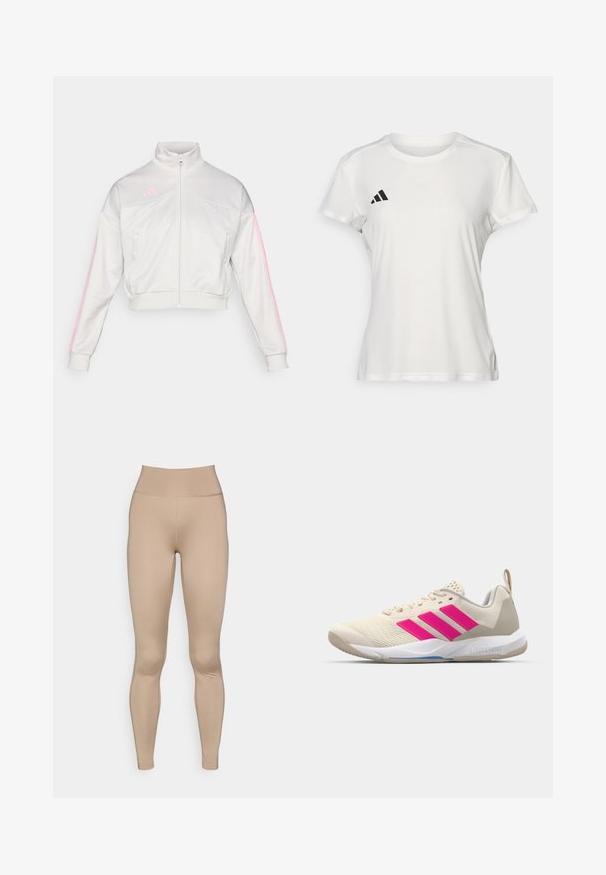 adidas Sportswear TIRO - Felpa con zip - grey one/true pink; T-shirt sportivo bianco realizzato in tessuto traspirante. Maniche corte, colletto rotondo, presenta un logo nero e un emblema a tre strisce sul lato sinistro del petto.; Leggings beige chiaro con vita alta, realizzati in un materiale liscio e elasticizzato, privi di cuciture o motivi visibili.; Scarpa sportiva beige con logo a tre strisce rosa, tomaia in rete testurizzata, collo imbottito e suola in gomma bianca, con il marchio "LIGHTSTRIKE".