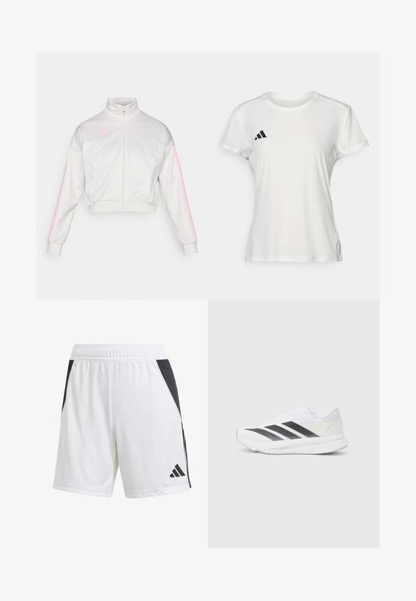 adidas Sportswear TIRO - Tréningová bunda - grey one/true pink; Biely športový tričko vyrobené z tkaniny odvádzajúcej vlhkosť. Krátke rukávy, okrúhly výstrih, s čiernym logom a emblémom s tromi pruhmi na ľavej hrudi.; Biele atletické šortky s čiernym bočným panelom, vyrobené z ľahkej tkaniny. Majú elastický pás a čierne logo Adidas na dolnej časti nohy.; Biele športové topánky s čiernymi diagonálnymi pruhmi, sieťovinovým zvrškom, zaoblenou špičkou a textúrovanou podrážkou. Akcenty zahŕňajú striebornú pätu a minimalistický dizajn.