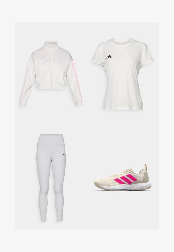 adidas Sportswear TIRO - Zip-up sweatshirt - grey one/true pink; White athletic t-shirt made of moisture-wicking fabric. Short sleeves, crew neck, features black logo and three-stripe emblem on left chest.; Light grey leggings with a high waistband, smooth texture, and a small black logo on the left thigh. Subtle stitching details throughout.; Beige athletic shoe with pink three-stripe logo, textured mesh upper, padded collar, and white rubber sole, featuring "LIGHTSTRIKE" branding.