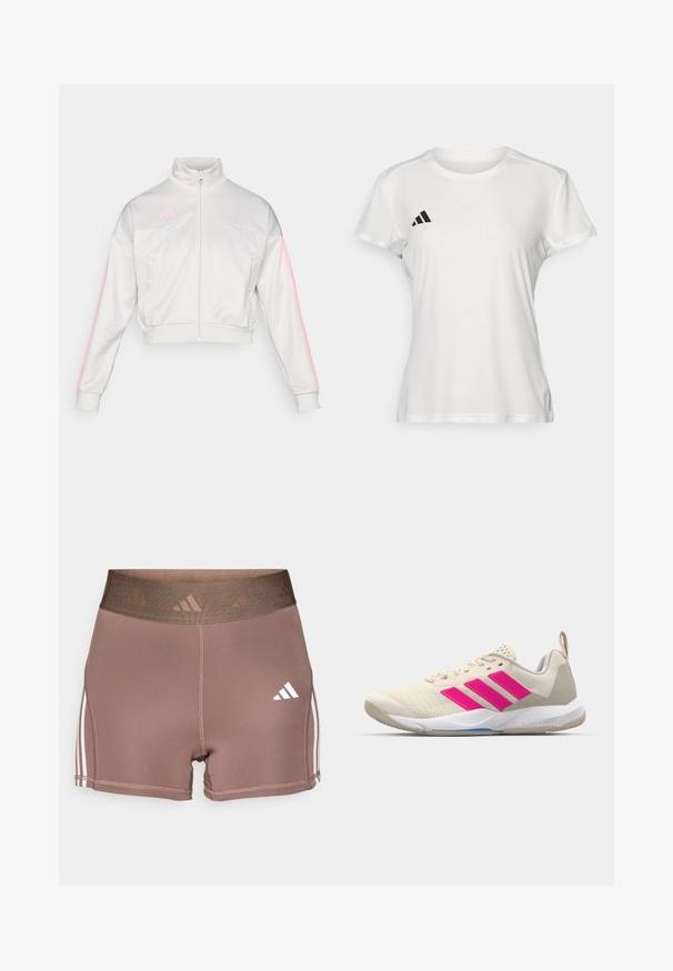 adidas Sportswear TIRO - Trainingsjacke - grey one/true pink; Weißes Sport-T-Shirt aus feuchtigkeitsregulierendem Material. Kurze Ärmel, Rundhals, mit schwarzem Logo und drei-Streifen-Emblem auf der linken Brust.; Braune Sportshorts mit breitem, strukturiertem Bund. Verfügt über weiße Dreistreifen-Akzente entlang der Seiten und ein kleines weißes Logo.; Beige Sportsschuh mit pinkem Dreistreifen-Logo, strukturiertem Mesh-Obermaterial, gepolstertem Schaft und weißer Gummisohle, mit "LIGHTSTRIKE"-Branding.