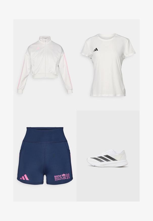 adidas Sportswear TIRO - Training jacket - grey one/true pink; White athletic t-shirt made of moisture-wicking fabric. Short sleeves, crew neck, features black logo and three-stripe emblem on left chest.; adidas Performance BER25 SHORT THIGHTS - Short running tights - collegiate navy; White athletic shoe with black diagonal stripes, mesh upper, rounded toe, and textured sole. Accents include a silver heel and minimalistic design.