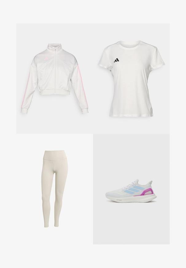 adidas Sportswear TIRO - Trainingsvest - grey one/true pink; Witte sportieve T-shirt van vochtafvoerende stof. Korte mouwen, ronde hals, met zwart logo en drie-strepenembleem op de linkerkant van de borst.; Beige legging gemaakt van rekbare stof met een hoge tailleband. Zachte textuur, aansluitend ontwerp, geen zichtbare patronen of hardware.; adidas Performance PUREBOOST 5 - Hardloopschoenen voor op de weg - white/glow blue/purple burst