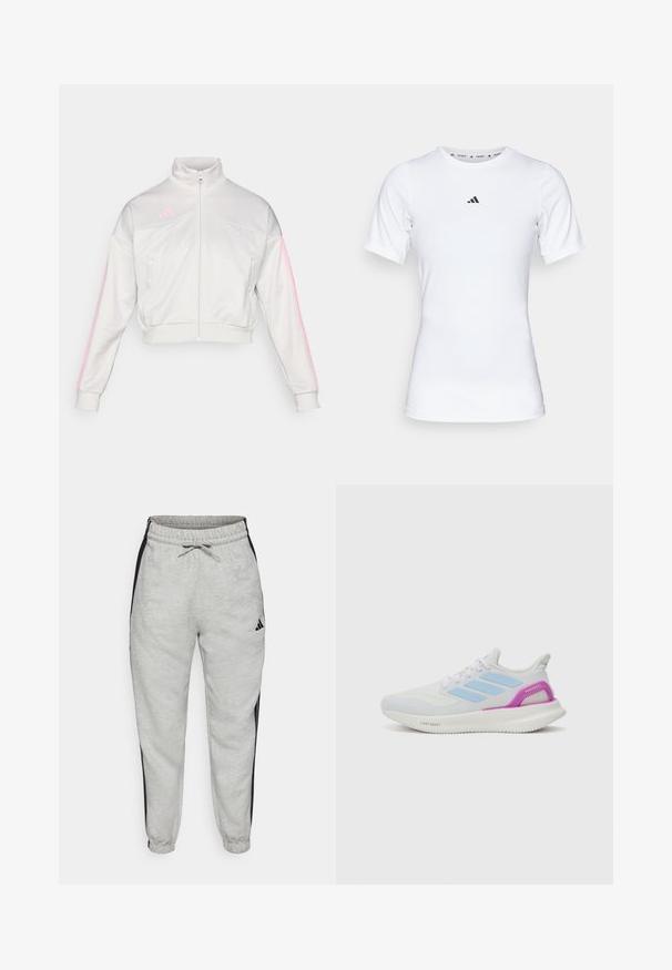 adidas Sportswear TIRO - Treningsjakke - grey one/true pink; Hvit idrettsskjorte med korte ermer, laget av glatt, elastisk stoff. Har en liten svart Adidas-logo på brystet.; Lys grå joggebukser med svarte sidestreker, elastisk midje og snor. Laget av mykt stoff med ribbede mansjetter ved anklene.; adidas Performance PUREBOOST 5 - Løpesko for vei - white/glow blue/purple burst