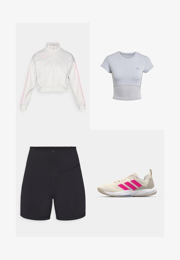 adidas Sportswear TIRO - Chaqueta de entrenamiento - grey one/true pink; adidas Performance Camiseta deportiva - halo silver grey; Pantalones cortos deportivos negros hechos de un tejido elástico. Cuentan con una cintura alta y costuras suaves. Adecuados para ropa activa y ejercicio.; Zapatilla deportiva beige con logo de tres rayas rosa, parte superior de malla texturizada, cuello acolchado y suela de goma blanca, con la marca "LIGHTSTRIKE".