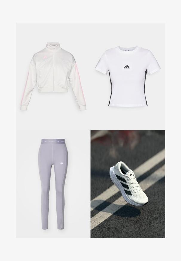 adidas Sportswear TIRO - Training jacket - grey one/true pink; White short-sleeve t-shirt made from cotton, featuring a black Adidas logo in a square patch and black side accents. Classic crew neckline.; adidas Performance Leggings - Trousers - glory grey; White running shoe with textured upper, black three-stripe design, padded collar, and light sole, positioned mid-air over a road surface.