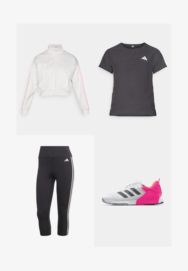 adidas Sportswear TIRO - Training jacket - grey one/true pink; Short-sleeve athletic t-shirt, dark gray with perforated texture. Features a white logo and contrasting side stripes. Rounded neckline.; Black three-quarter length leggings made of stretchy material with a wide waistband and three white stripes down the sides.; White athletic shoe with grey stripes, mesh upper, and pink heel and accents. Features textured heel and rubber outsole. Laces and padded collar.