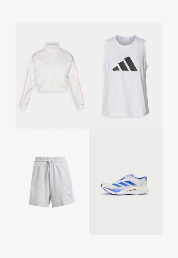 adidas Sportswear TIRO - Veste de survêtement - grey one/true pink; Haut de sport sans manches blanc avec encolure ronde, arborant un grand logo Adidas noir composé de trois bandes à l'avant.; Shorts de sport gris en tissu doux, dotés d'une taille élastique avec cordon de serrage et de bandes latérales blanches contrastantes.; Chaussure de course légère en maille blanche avec des accents bleus. Présente un design épuré, une semelle rembourrée et trois rayures diagonales bleues sur le côté.