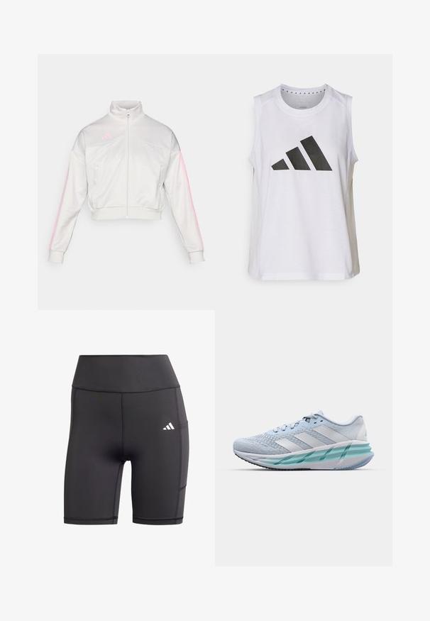 adidas Sportswear TIRO - Training jacket - grey one/true pink; White sleeveless athletic top with round neckline, featuring a large black Adidas logo composed of three stripes on the front.; Black athletic shorts made from stretchy material, featuring a high waist, flat seams, and a white logo on the left hip.; Light blue athletic shoes with a textured knit upper, white accents, and a transparent green midsole. Rounded toe and padded collar.