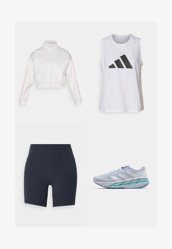 adidas Sportswear TIRO - Trainingsjacke - grey one/true pink; Weißes ärmelloses Sportoberteil mit rundem Halsausschnitt, das auf der Vorderseite ein großes schwarzes Adidas-Logo aus drei Streifen aufweist.; Navyblaue, hochgeschnittene Sportshorts aus dehnbarem Material, mit einer glatten Textur und kontrastierenden Nähten entlang der Seiten.; Helle blaue Sportschuhe mit einem strukturierten Strickobermaterial, weißen Akzenten und einer transparenten grünen Zwischensohle. Abgerundete Zehenpartie und gepolsterter Schaft.