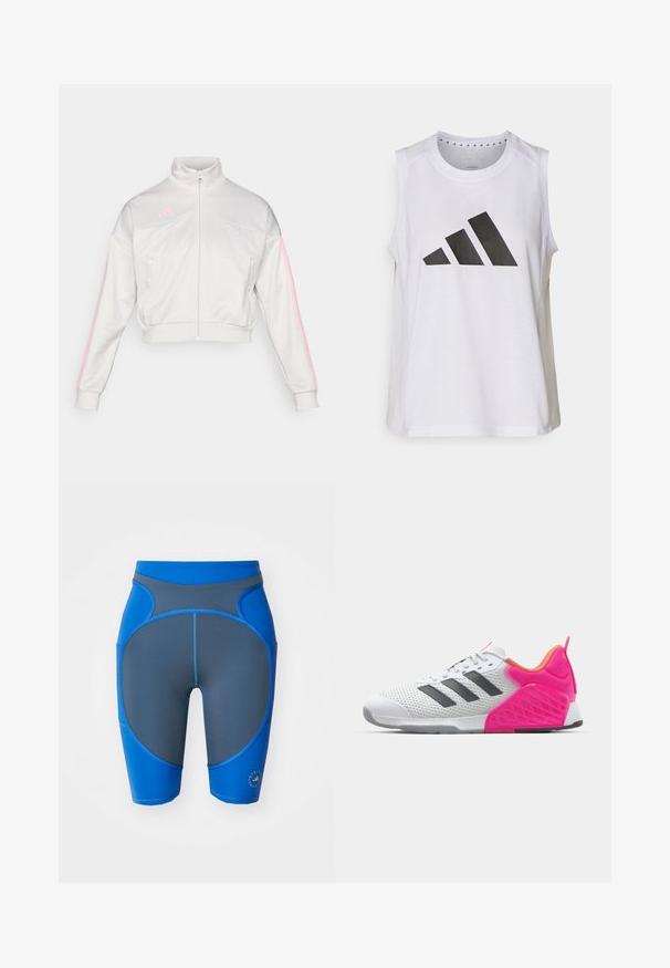 adidas Sportswear TIRO - Training jacket - grey one/true pink; White sleeveless athletic top with round neckline, featuring a large black Adidas logo composed of three stripes on the front.; Blue and gray athletic shorts with a fitted design, featuring contrasting panels, flat seams, and a logo at the hem.; White athletic shoe with grey stripes, mesh upper, and pink heel and accents. Features textured heel and rubber outsole. Laces and padded collar.