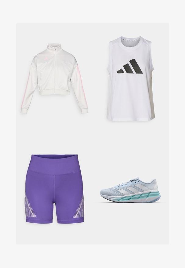 adidas Sportswear TIRO - Chaqueta de entrenamiento - grey one/true pink; Top atlético blanco sin mangas con escote redondo, que presenta un gran logo de Adidas en negro compuesto por tres franjas en la parte frontal.; Pantalones cortos deportivos morados hechos de tela elástica con una cintura alta y un patrón de líneas diagonales blancas en el lado izquierdo.; Zapatillas deportivas azul claro con un upper de punto texturizado, acentos blancos y una suela intermedia verde transparente. Punta redondeada y cuello acolchado.