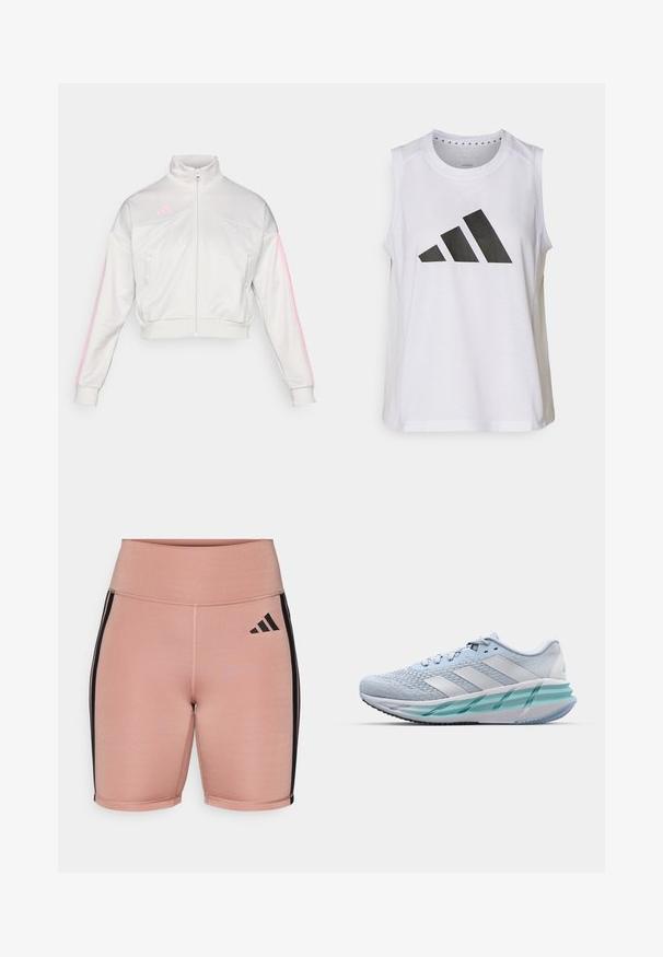 adidas Sportswear TIRO - Training jacket - grey one/true pink; White sleeveless athletic top with round neckline, featuring a large black Adidas logo composed of three stripes on the front.; Pink athletic shorts with a high waist, made from stretchy material. Features black side stripes and the Adidas logo on the left side.; Light blue athletic shoes with a textured knit upper, white accents, and a transparent green midsole. Rounded toe and padded collar.