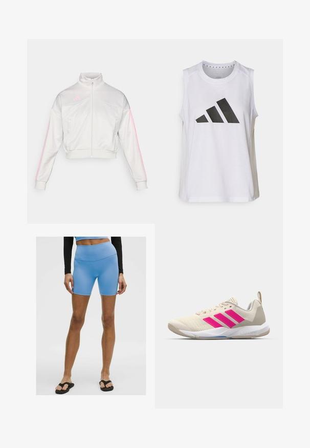 adidas Sportswear TIRO - Giacca sportiva - grey one/true pink; Top atletico bianco senza maniche con scollatura rotonda, caratterizzato da un grande logo Adidas nero composto da tre strisce sul davanti.; Shorts sportivi azzurro chiaro realizzati in materiale liscio e elastico. Presentano una vita alta e un design aderente, abbinati a ciabatte nere.; Scarpa sportiva beige con logo a tre strisce rosa, tomaia in rete testurizzata, collo imbottito e suola in gomma bianca, con il marchio "LIGHTSTRIKE".