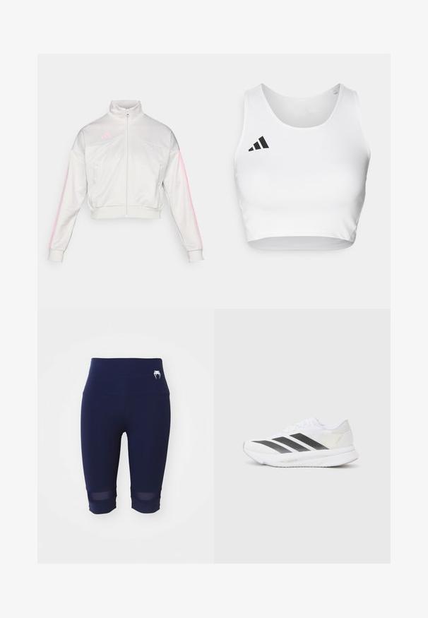 adidas Sportswear TIRO - Športna jopa s kapuco na zadrgo - grey one/true pink; Bela športna crop top majica iz gladkega blaga, ki se ponaša s krožnim izrezom in črnim logotipom na levi strani.; Mornarske modre legice z visokim pasom, z gladko teksturo in mrežastimi dodatki na manšetah. Majhen bel logotip na pasu.; Bela atletska čevlja z črnimi diagonali, mrežastim zgornjim delom, zaobljenim nosom in teksturirano podplatom. Dodatki vključujejo srebrno peto in minimalističen dizajn.