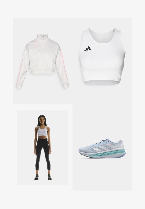 adidas Sportswear TIRO - Giacca sportiva - grey one/true pink; Crop top sportivo bianco realizzato in tessuto morbido, con scollatura rotonda e un logo nero accentato sul lato sinistro.; Top sportivo bianco con spalline regolabili abbinato a leggings neri a vita alta. Modello in scarpe da ginnastica nere. Design semplice e funzionale.; Scarpe da ginnastica azzurro chiaro con tomaia in maglia testurizzata, accenti bianchi e suola intermedia verde trasparente. Punta rotonda e colletto imbottito.