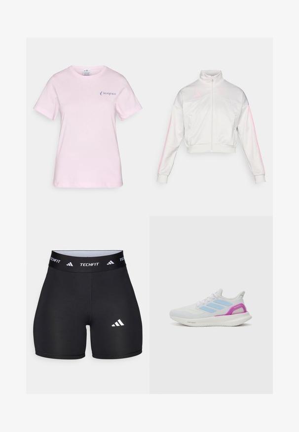 adidas Sportswear TIRO - Träningsjacka - grey one/true pink; Rosa bomullströja med korta ärmar, med en diskret blå "Champion"-logotyp på vänster bröst och rundad halsringning.; Svarta shorts tillverkade av elastiskt material med en figurnära design. Har ett brett svart midjeband märkt "TECHFIT" och en vit logotyp på benet.; adidas Performance PUREBOOST 5 - Väglöparskor - white/glow blue/purple burst