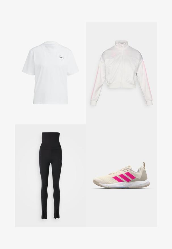 adidas Sportswear TIRO - Felpa con zip - grey one/true pink; T-shirt bianco in cotone con scollatura rotonda e maniche corte. Presenta un piccolo logo nero sul lato sinistro del petto. Colore uniforme, texture liscia.; adidas by Stella McCartney Leggings - black; Scarpa sportiva beige con logo a tre strisce rosa, tomaia in rete testurizzata, collo imbottito e suola in gomma bianca, con il marchio "LIGHTSTRIKE".