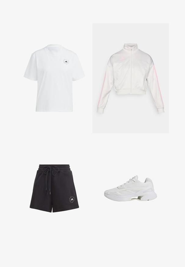 adidas Sportswear TIRO - Tréning dzseki - grey one/true pink; Fehér pamut póló kerek nyakkivágással és rövid ujjakkal. Bal mellen egy kis fekete logó található. Egyszínű, sima textúrájú.; Fekete pamut keverék rövidnadrág húzózsinórral a deréknál, oldalán logónyomattal és puha, sima textúrával.; Fehér sportcipők hálós felsőrésszel, párnázott bokarésszel és textúrázott díszítésekkel. Erősített talp, kivágott résszel a könnyű kialakítás érdekében.