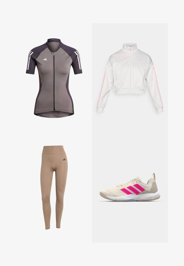 adidas Sportswear TIRO - Mikina na zip - grey one/true pink; Krátký cyklistický dres s krátkým rukávem v šedé barvě s tmavě fialovými detaily, předním zipem a bílými pruhy na ramenou. Vyrobeno z elastického materiálu.; Béžové legíny s vysokým pasem vyrobené z elastické tkaniny, se přiléhavým střihem a černým logem na levém boku.; Béžová sportovní obuv s růžovým logem tří pruhů, texturovaným síťovaným svrškem, polstrovaným límcem a bílou gumovou podešví, s označením "LIGHTSTRIKE".