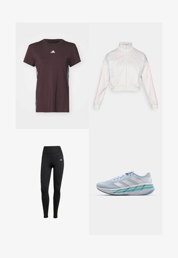 adidas Sportswear TIRO - Sudadera con cremallera - grey one/true pink; adidas Performance Camiseta deportiva - shadow brown/white; Leggings deportivos negros con una cintura alta. Fabricados con tejido elástico que presenta un detalle de logo blanco en la parte superior izquierda.; Zapatillas deportivas azul claro con un upper de punto texturizado, acentos blancos y una suela intermedia verde transparente. Punta redondeada y cuello acolchado.