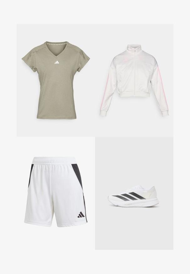adidas Sportswear TIRO - Casaco de treino - grey one/true pink; adidas Performance T-shirt desportiva - silver pebble; Calções de atletismo brancos com um painel lateral preto, feitos de um tecido leve. Apresentam uma cintura elástica e um logotipo preto da Adidas na parte inferior da perna.; Shoe atlético branco com riscas diagonais pretas, parte superior em malha, bico arredondado e sola texturizada. Os destaques incluem um calcanhar prateado e um design minimalista.