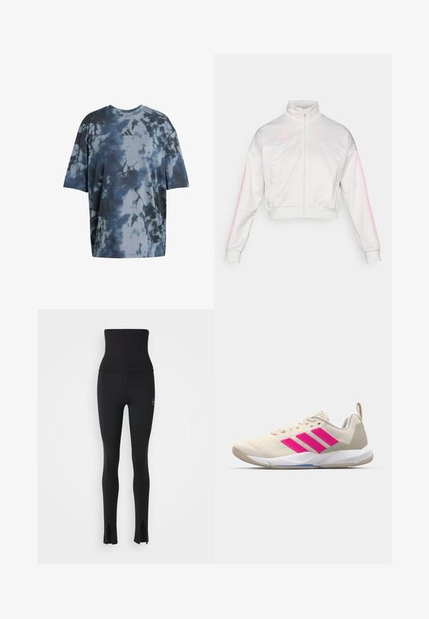 adidas Sportswear TIRO - Mikina na zip - grey one/true pink; Krátký rukáv tričko v modro-šedém tie-dye vzoru, měkká látka, kulatý výstřih, má malé šedé logo na hrudi.; adidas by Stella McCartney Punčochy - black; Béžová sportovní obuv s růžovým logem tří pruhů, texturovaným síťovaným svrškem, polstrovaným límcem a bílou gumovou podešví, s označením "LIGHTSTRIKE".