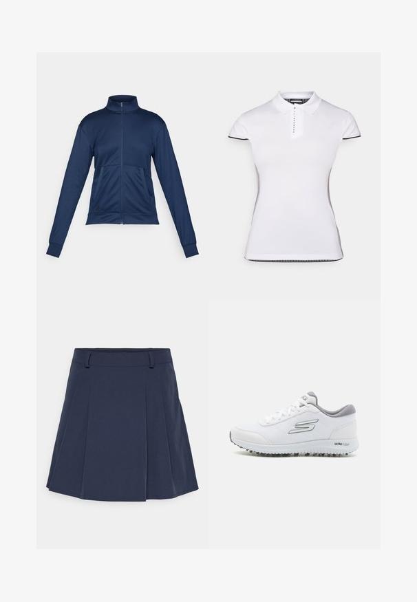 Modra polna zip jakna za sledi z visokim ovratnikom, dolgimi rokavi, dvema sprednjima žepoma in elastičnimi manšetami.; Bela polo majica s kratkimi rokavi, ovratnikom in sprednjim gumbom. Črne podrobnosti na rokavih in stranskih šivih. Mehka, gladka tekstura.; Morska plisirana krila z pasom, izdelana iz gladkega blaga. Ima ostra plisiranja, ravno obrobljen rob in minimalne šive.; Bele športne čevlje z teksturirano mrežasto zgornjim delom, srebrnimi poudarki in lahkotnim podplatom, ki ima majhne protisklizne konice, označeni z "ULTRA FLIGHT."