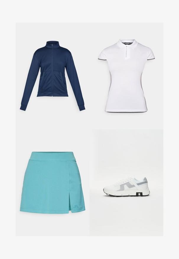 Modra polna zip jakna za sledi z visokim ovratnikom, dolgimi rokavi, dvema sprednjima žepoma in elastičnimi manšetami.; Bela polo majica s kratkimi rokavi, ovratnikom in sprednjim gumbom. Črne podrobnosti na rokavih in stranskih šivih. Mehka, gladka tekstura.; Svetlo modra atletska krila z gladko teksturo, ki ima sprednji razporek in podrobnosti z logotipom. Namenjena udobju in mobilnosti pri aktivni obleki.; Bela atletska tenisa z sivo akcentom, teksturiran zgornji del, debel podplat in kontrastna črna podloga pete. Zavezovanje s sprednjim delom in mrežnimi paneli.