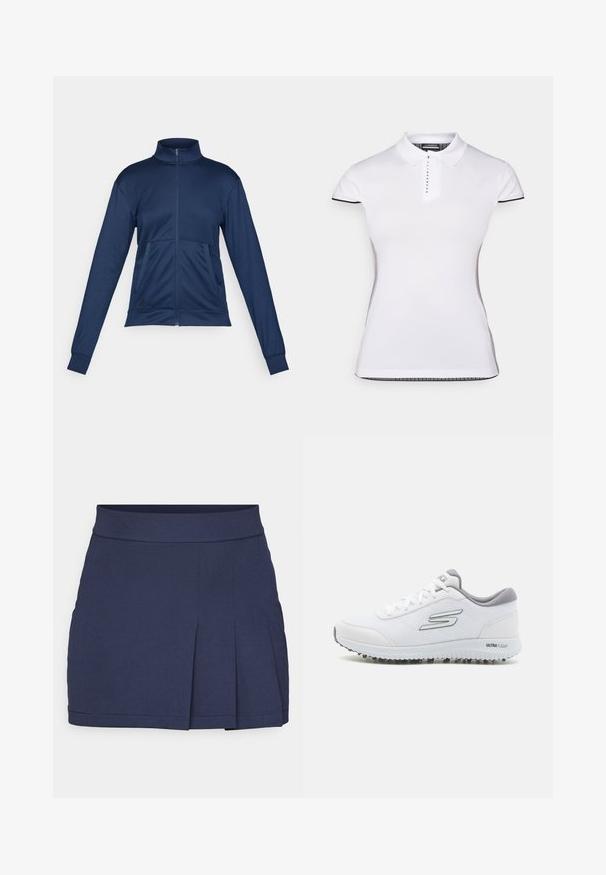 Sötétkék, teljesen zipzárazható sportdzseki magas gallérral, hosszú ujjakkal, két elülső zsebbel és elasztikus mandzsettákkal.; Fehér póló rövid ujjal, gallérral és elől gombos záródással. Fekete díszítések az ujjakon és az oldalvarrásokon. Puha, sima tapintás.; Tengerészkék, plisszírozott mini szoknya sima textúrával, derékpánttal és tiszta varrással. Egyszerű és funkcionális dizájn, amely alkalmas különböző eseményekre.; Fehér sportcipők texturált hálós felsőrésszel, ezüst részletekkel és könnyű talppal, amelyen kis tapadószögek találhatók, "ULTRA FLIGHT" felirattal.
