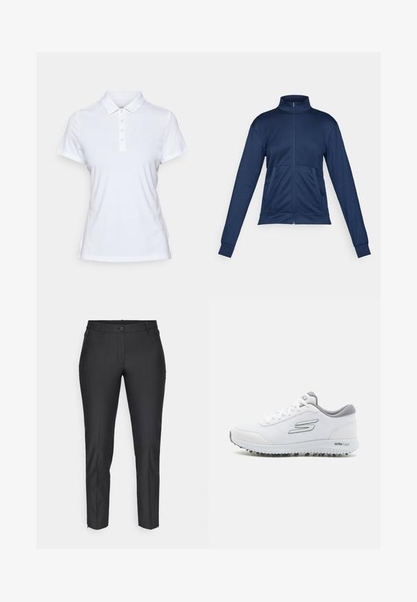 Tumed sinine täispikkuse tõmblukuga sportjakke kõrge kraega, pikkade varrukatega, kahe esiseotuga ning elastsete mansettidega.; Valge polo särk, mis on valmistatud siledast kangast, klassikalise kraega, lühikeste varrukatega ja viie nööbiga nööpplaadi vormist.; Mustad mustriga mustad püksid, millel on sile tekstuur, nupuga sulgemine, tõmbluku lend ja kaks küljetaskut. Kitsas sobivus ahenevate jalgadega.; Valged spordisussid tekstuurses võrgusüvas, hõbedased detailid ja kerge tallaga, kus on väikesed haardepunktid, märgitud "ULTRA FLIGHT."