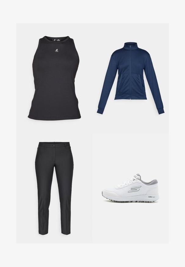 Marineblå full-zip treningsjakke med høy krage, lange ermer, to frontlommer og elastiske mansjetter.; Svart ribbet tanktopp med høy hals og ermeløs design. Har en liten logo på brystet og en tettsittende silhuett.; Svarte skreddersydde bukser med en glatt tekstur, med knappelukking, glidelåsåpning og to sidelommer. Slim fit med tapered ben.; Hvite joggesko med et teksturert mesh-overdel, sølvfargede detaljer og en lett såle med små grep-studser, merket "ULTRA FLIGHT."