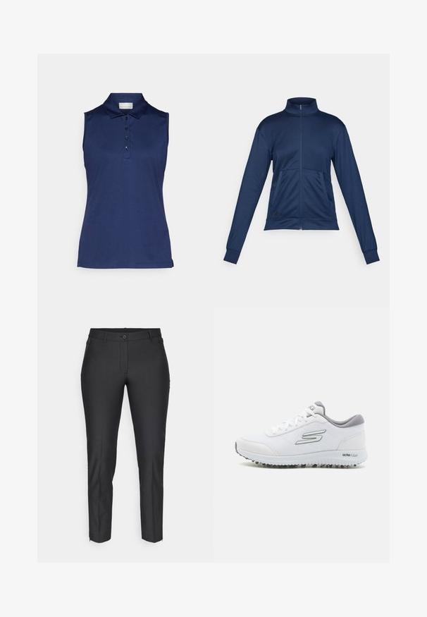 Casaco de treino azul-marinho com fecho de correr, gola alta, mangas compridas, dois bolsos à frente e punhos elásticos.; Pólo sem mangas em azul-marinho feito de tecido suave, apresentando um colarinho clássico e uma pala de botões com quatro botões, com um corte ajustado.; Calças pretas de corte ajustado com uma textura suave, apresentando fecho de botão, fecho éclair e dois bolsos laterais. Corte slim com pernas ajustadas.; Sapatilhas brancas desportivas com um upper de malha texturizada, detalhes em prata e uma sola leve com pequenos pinos de tração, rotuladas "ULTRA FLIGHT."