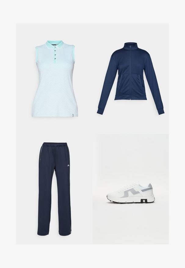 Marinblå zip-up-jacka med hög krage, långa ärmar och två framfickor. Tillverkad av slät, lätt tyg med en subtil glans.; Ärmlös pikétröja i ljusblått texturerat tyg, med krage, fem knappar fram och kontrasterande mintgröna detaljer.; Marinblå sportsbyxor med elastisk midja, två sidofickor och subtila vita logodetaljer. Tillverkade av ett mjukt, stretchtåligt material.; Vita atletiska sneakers med grå detaljer, en texturerad ovandel, tjock sula och kontrasterande svart häl. Snörningsdesign med nätpaneler.