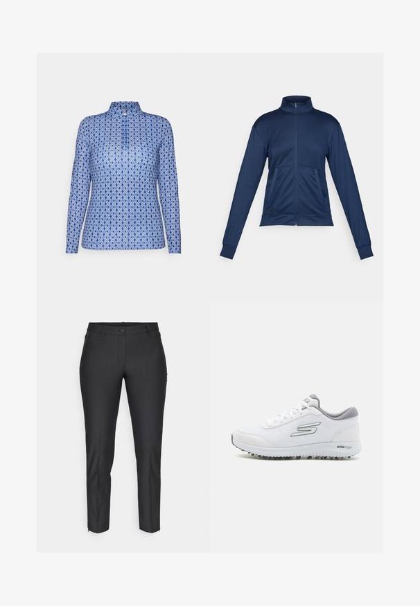 Sötétkék, teljesen zipzárazható sportdzseki magas gallérral, hosszú ujjakkal, két elülső zsebbel és elasztikus mandzsettákkal.; Hosszú ujjú ing kék árnyalatokban, geometrikus mintával, mandarin gallérral és elöl gombos záródással. Sima anyag, testre szabott fit.; Fekete, letisztult nadrág sima felszíni textúrával, gombos záródással, cipzáras, és két oldalsó zsebbel. Slim fit fazon, szűkülő lábakkal.; Fehér sportcipők texturált hálós felsőrésszel, ezüst részletekkel és könnyű talppal, amelyen kis tapadószögek találhatók, "ULTRA FLIGHT" felirattal.