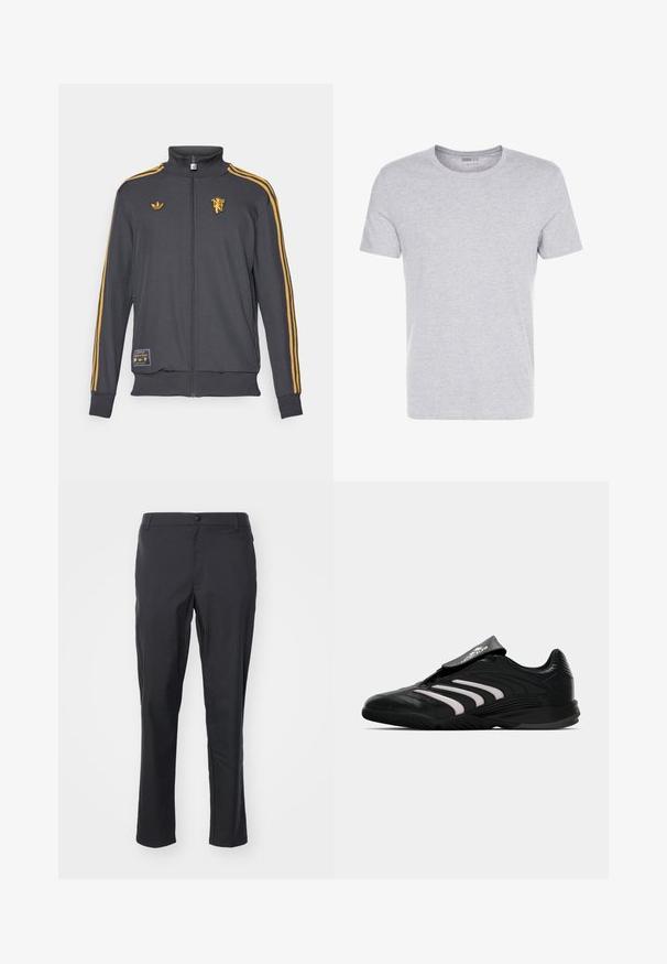 adidas Originals MANCHESTER UNITED ICON TRACK TOP - Užtrauktuku užsegamas treningas - utility black; Pilkas medvilnės t-shirt'as su apvalia apykakle, trumpomis rankovėmis ir vientisu dizainu, pasižymintis švelnia, lygiąja tekstūra be matomų raštų ar puošmenų.; Juodos kelnės, pagamintos iš lengvos medžiagos, turinčios lygų paviršių, tiesaus kirpimo dizainą ir mygtuko uždarymą juosmens srityje.; Juoda sportinė avalynė su elegantišku dizainu, sintetine viršutine dalimi, baltais juostelėmis, žemu aulu ir Velcro dirželiu per pėdos vidurį, užtikrinančiu tvirtą prigludimą.