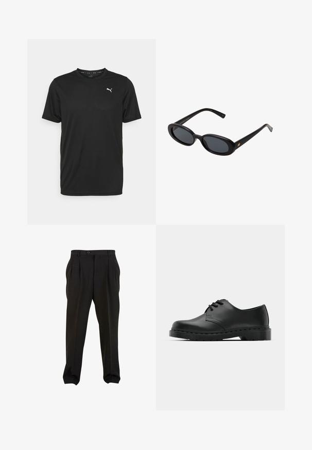 Fekete, cipzáras kapucnis pulóver, puha, struktúrált anyagból készült. Húzózsinórral ellátott kapucni, két oldalsó zseb és egy fehér Puma logó található a mellen.; Puma PERFORMANCE TEE - Sportfelső - black; Fekete nadrág sima anyagból, elöl pleátokkal, gombos derékpánttal és keskenyített bokarészekkel. Klasszikus szabásvonal.; Fekete bőr oxford cipő fűzős kialakítással, kerek orral, lapos gumitalppal és finom varrással a felső részen.; Fekete, oversize napszemüveg ovális lencsékkel, sima műanyag kerettel és arany részletekkel a fülpánton. Sötét lencséi védelmet nyújtanak a napfény ellen.